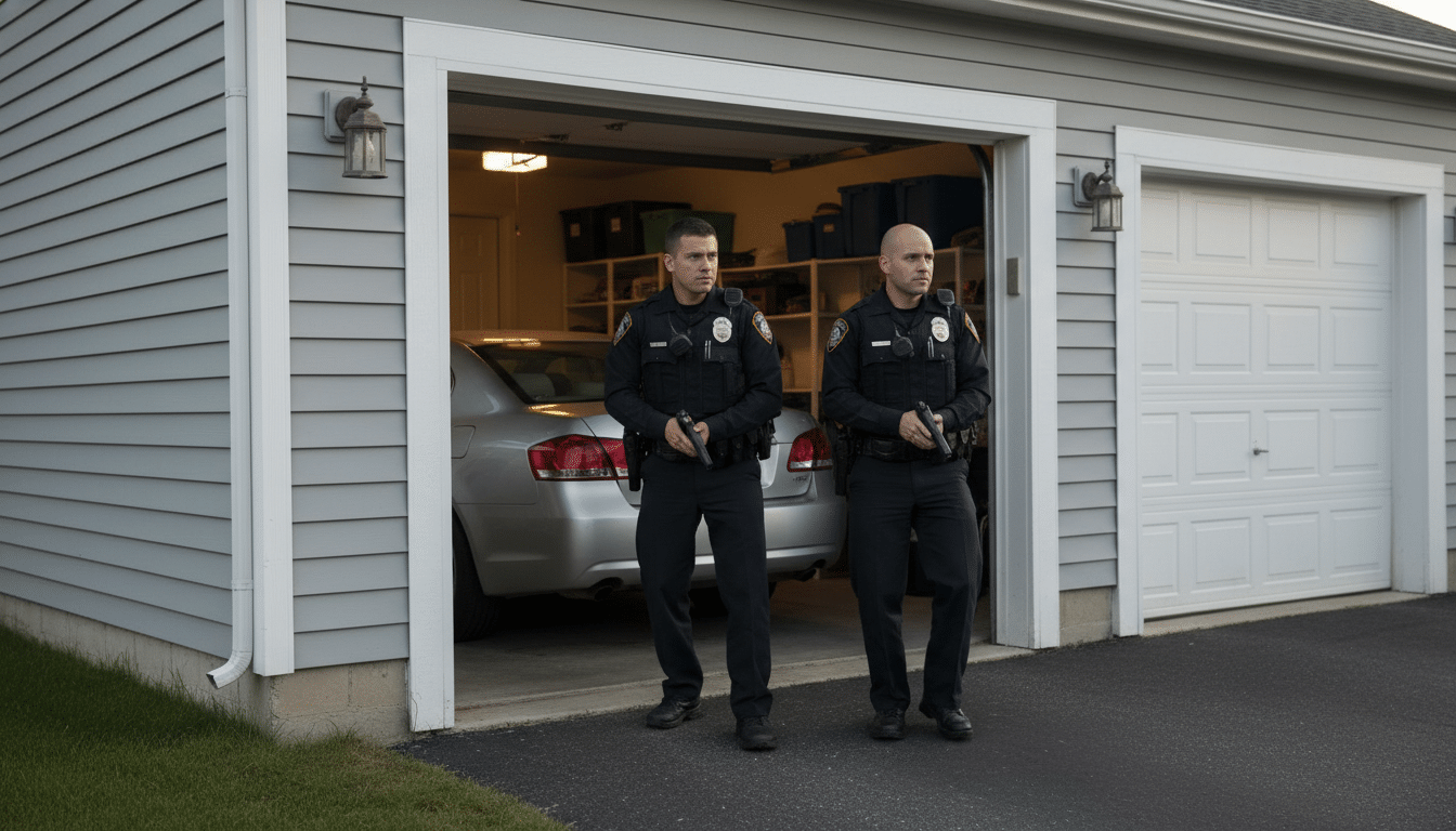 Policiers américains entrant dans une maison par le garage