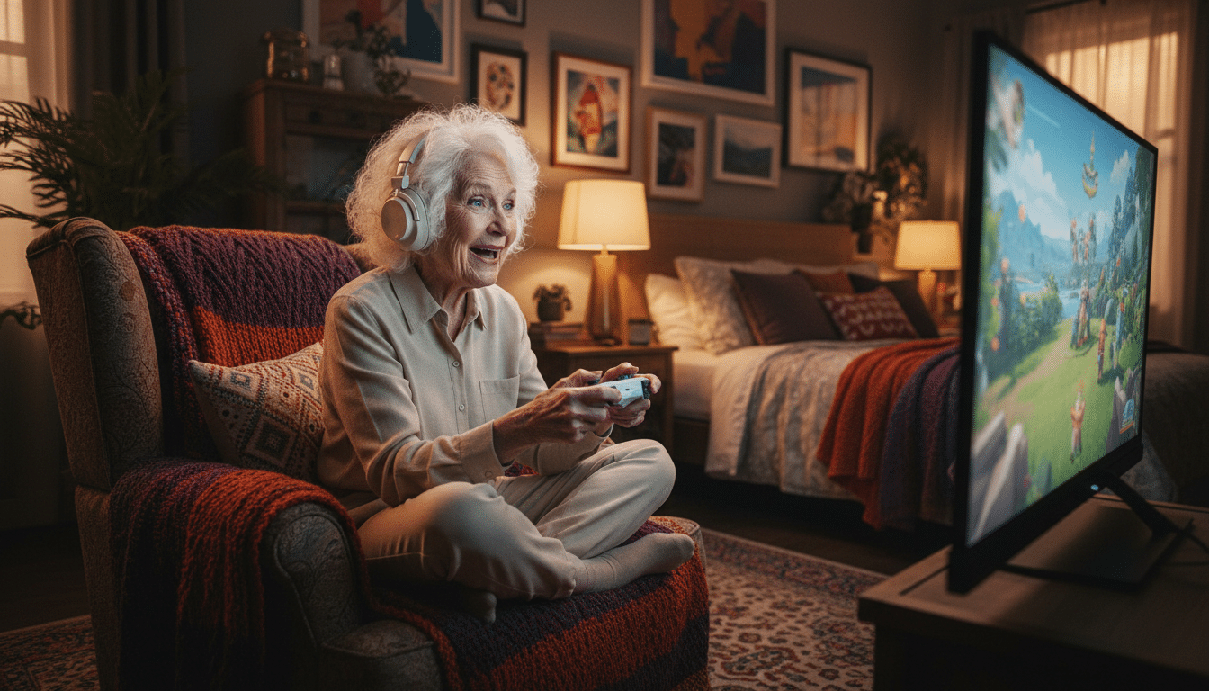 Femme âgée de 91 ans jouant à un jeu vidéo avec un casque