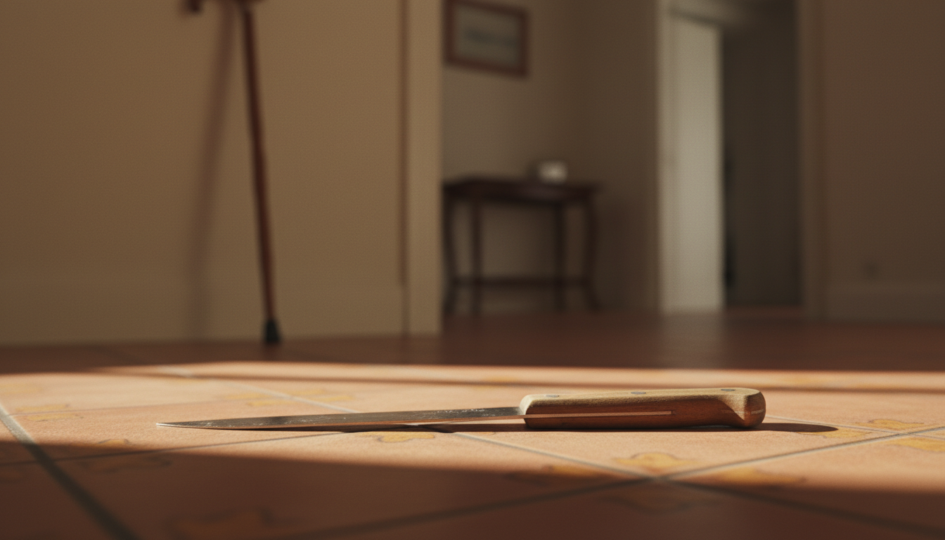 Couteau de cuisine posé au sol dans un couloir d'appartement