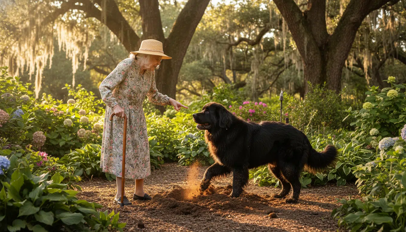 Barbara 96 ans et son Terre-Neuve Chewy jardinent ensemble