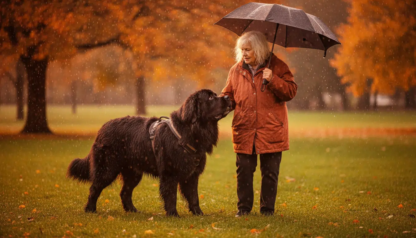 Chewy le Terre-Neuve accompagne Barbara lors d'une promenade
