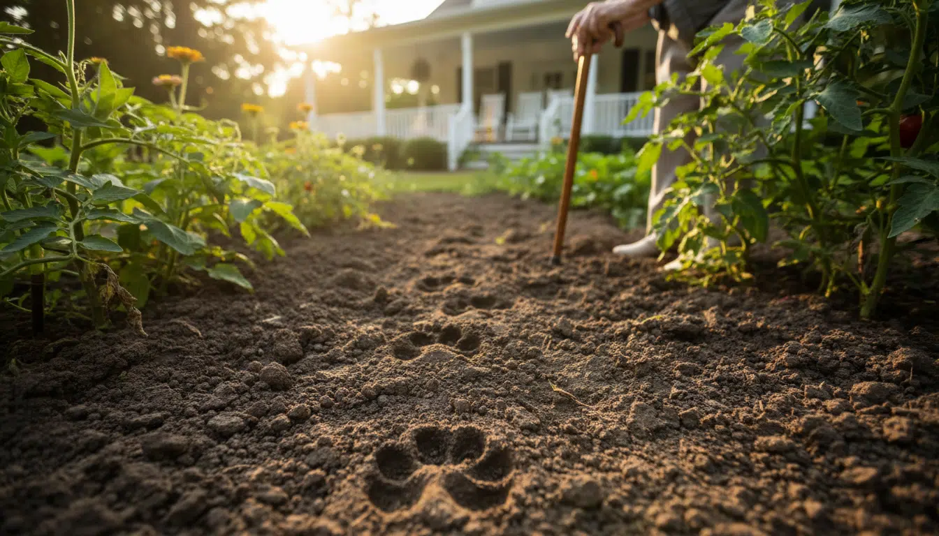 Traces de pattes dans la terre du jardin de Barbara