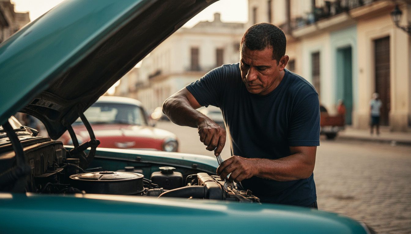 Mécanicien cubain travaillant sur un moteur de voiture