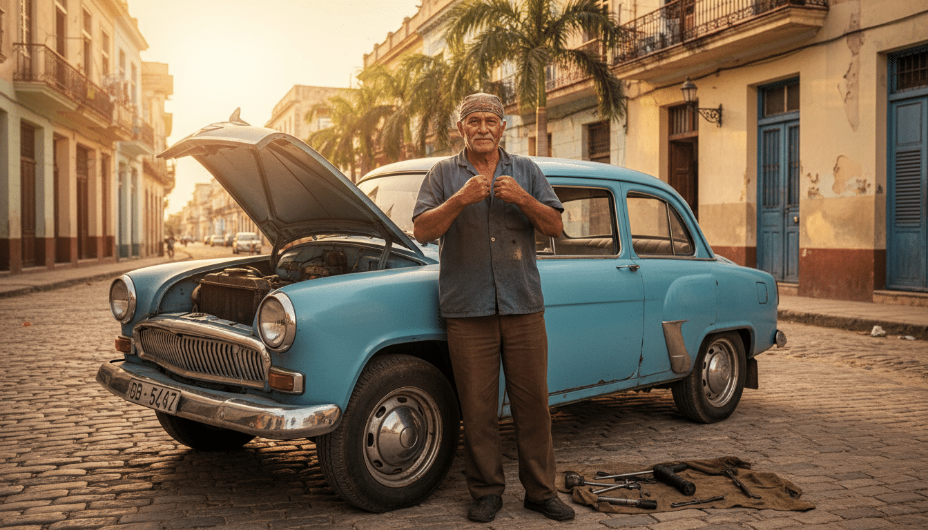 Homme fier devant une vieille voiture cubaine