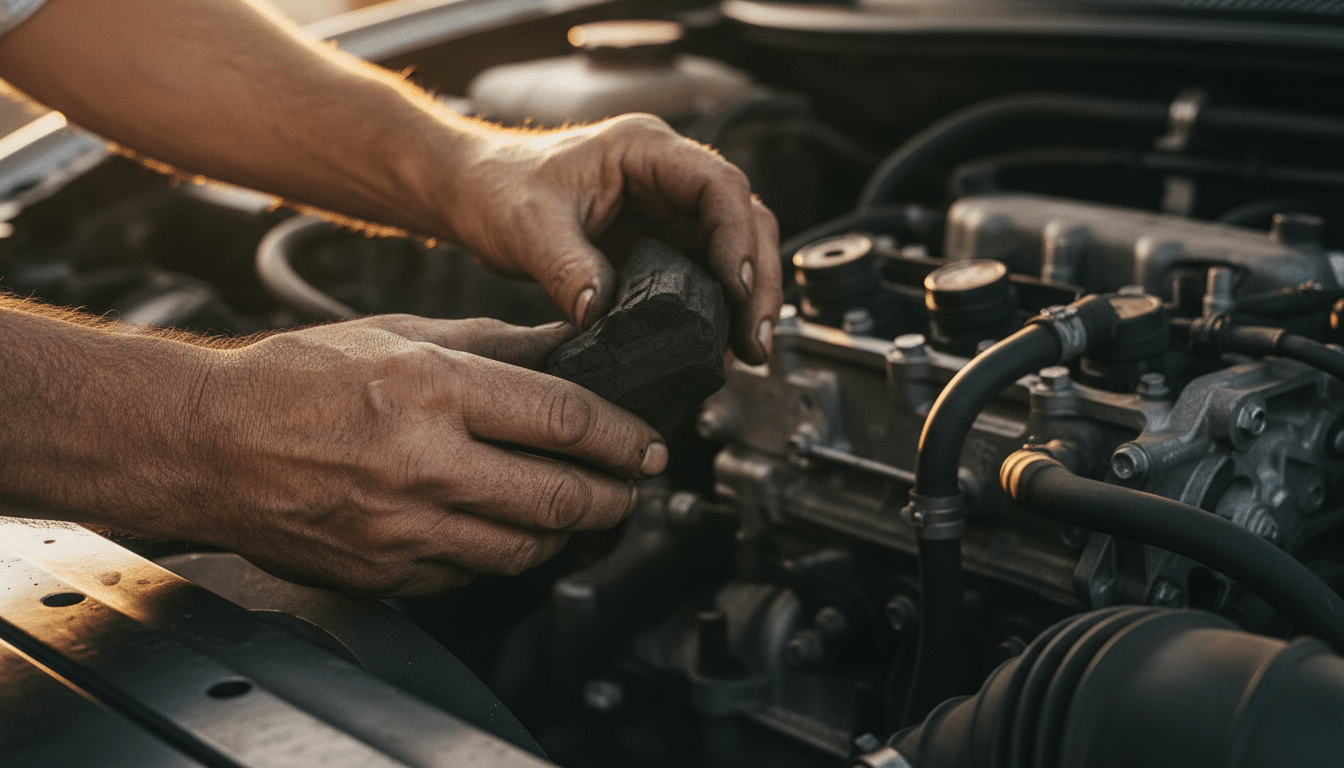Mains tenant du charbon près d'un moteur