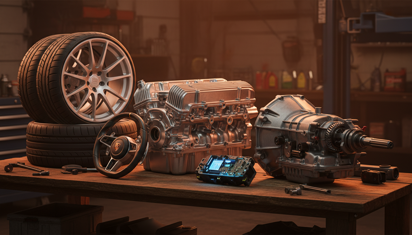 Pièces détachées de voiture de luxe sur un établi d'atelier