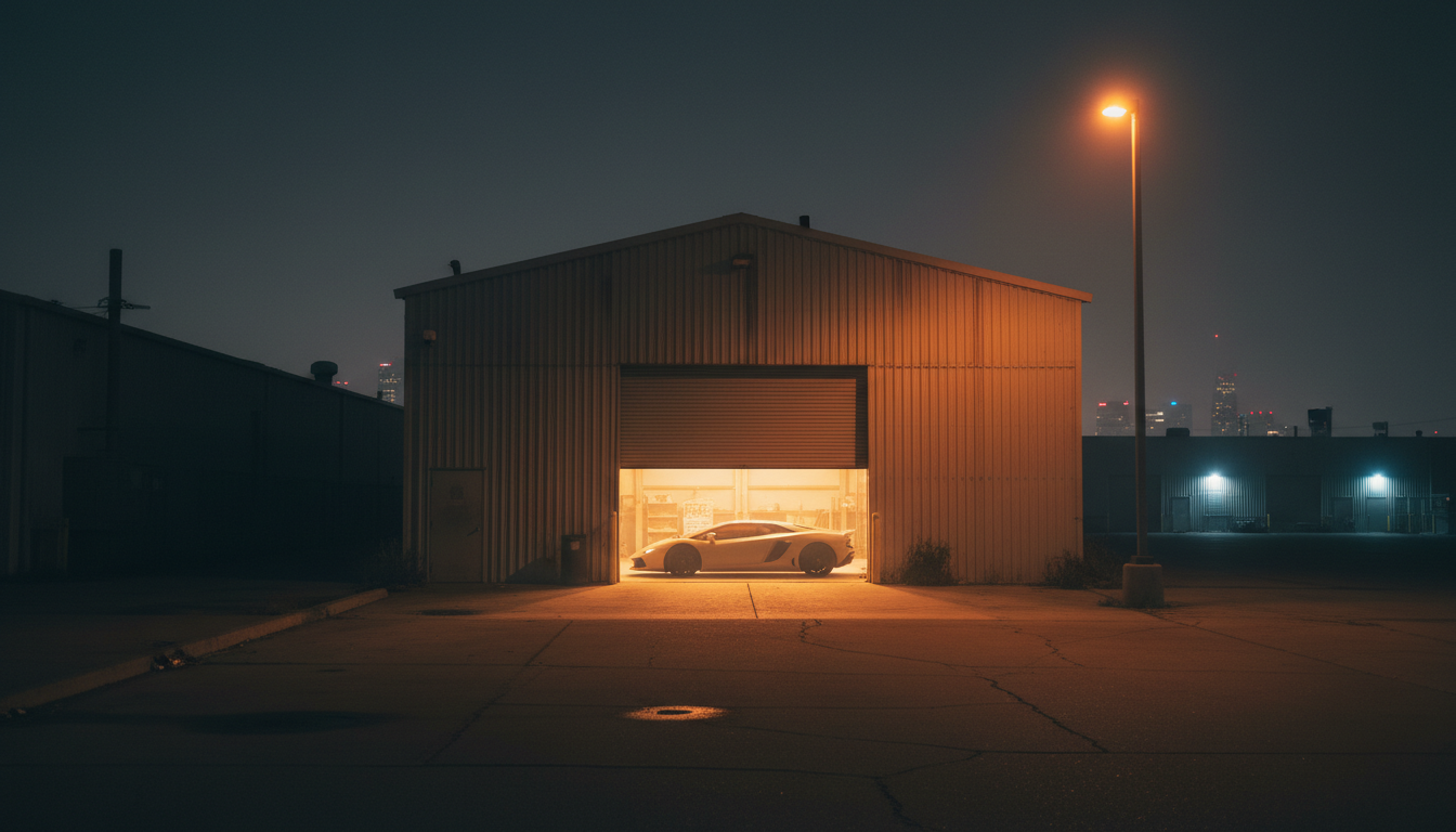 Entrepôt de nuit à Los Angeles avec voiture de sport