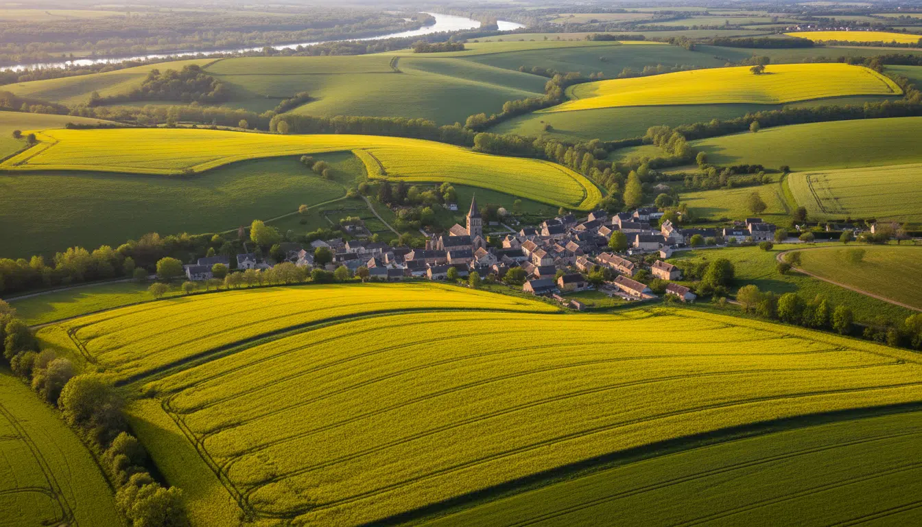 Vue aérienne du Vexin français au printemps avec champs de colza