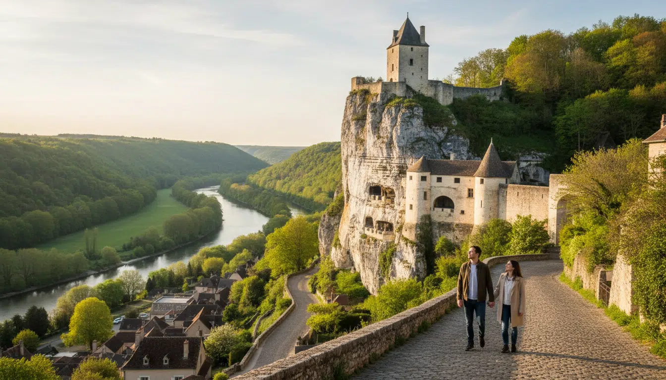 Village de La Roche-Guyon et son château troglodytique dans la falaise