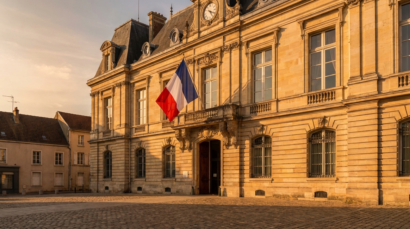 Façade d'une mairie de banlieue parisienne avec drapeau tricolore au soleil couchant