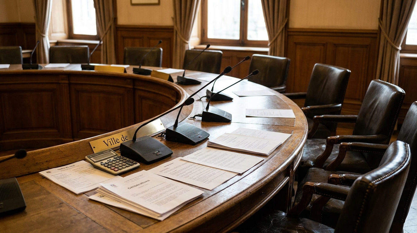 Salle de conseil municipal vide avec documents et calculette sur la table