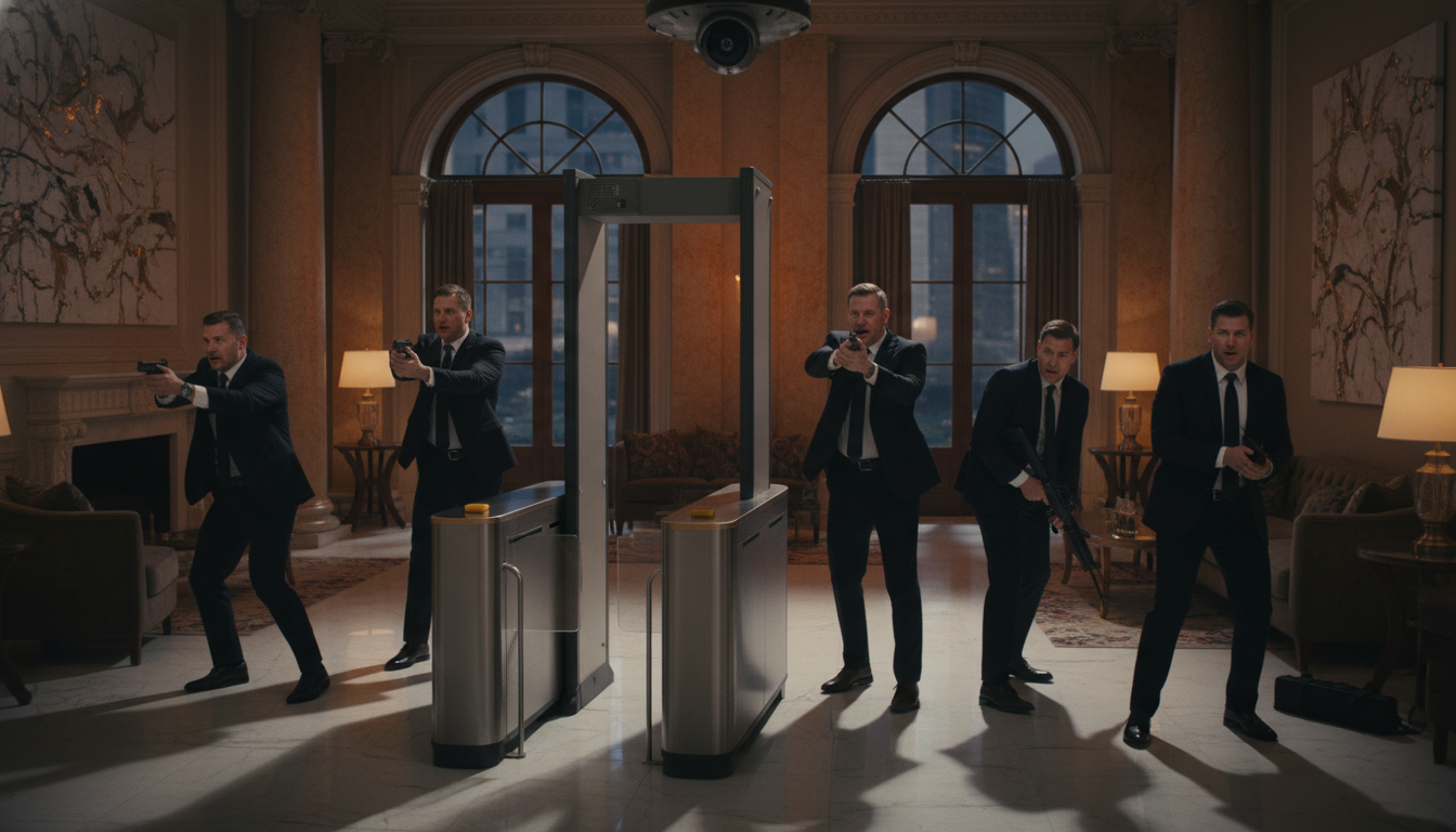 Agents du Secret Service armés au portique de sécurité de l'hôtel