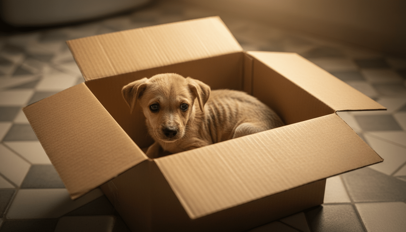Chiot squelettique tremblant dans un carton aux toilettes