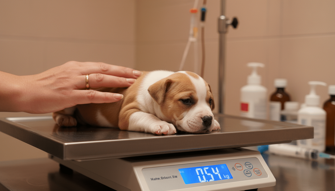 Chiot American Bully pesé sur une balance vétérinaire