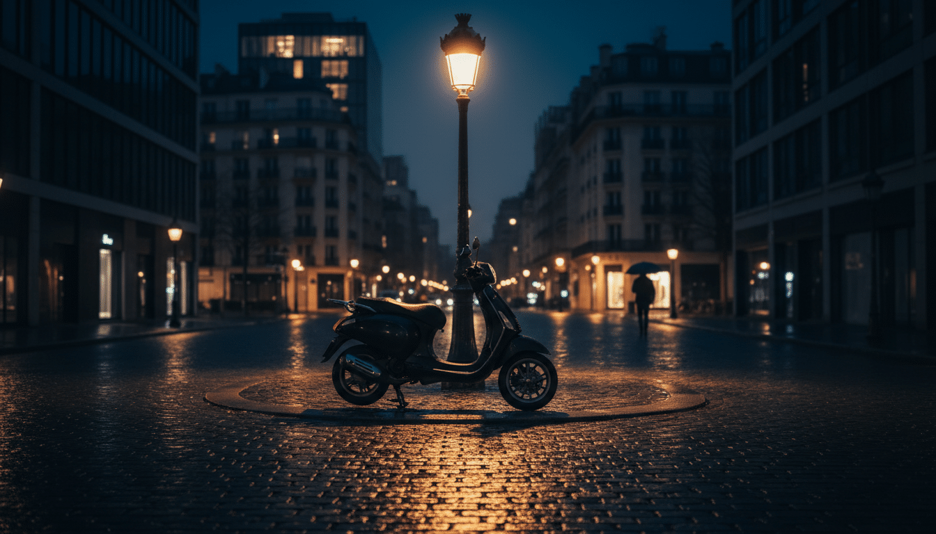 Scooter dans une rue parisienne de nuit évoquant la fuite des suspects