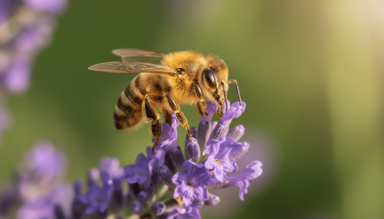 Abeille couverte de pollen sur une fleur de lavande