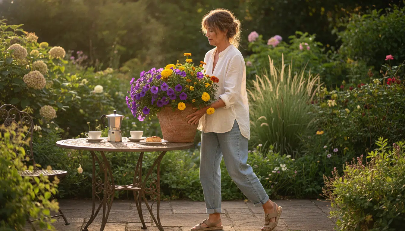 Femme déplaçant un pot de fleurs loin de la terrasse