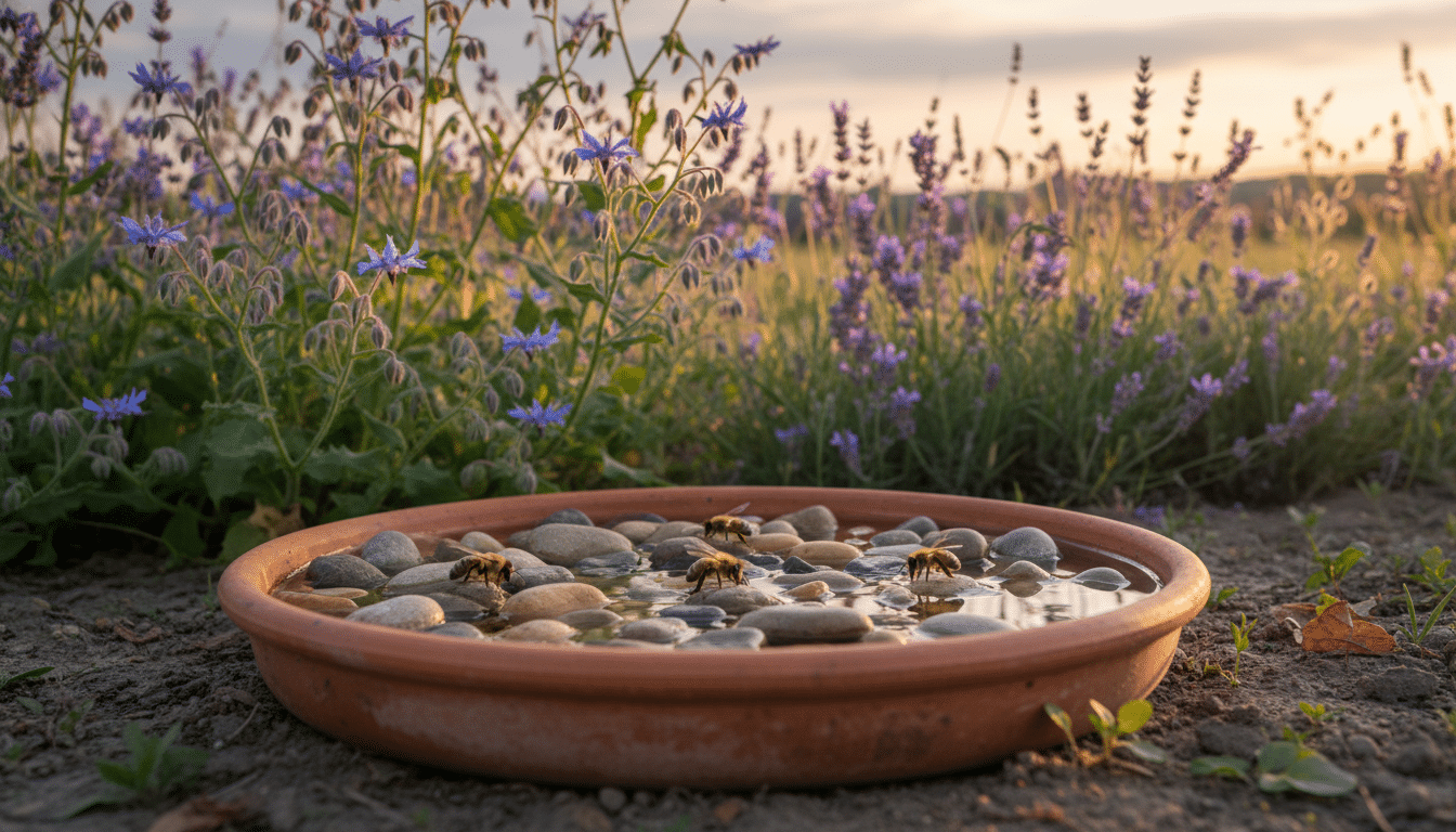 Point d'eau avec galets pour abeilles au fond du jardin