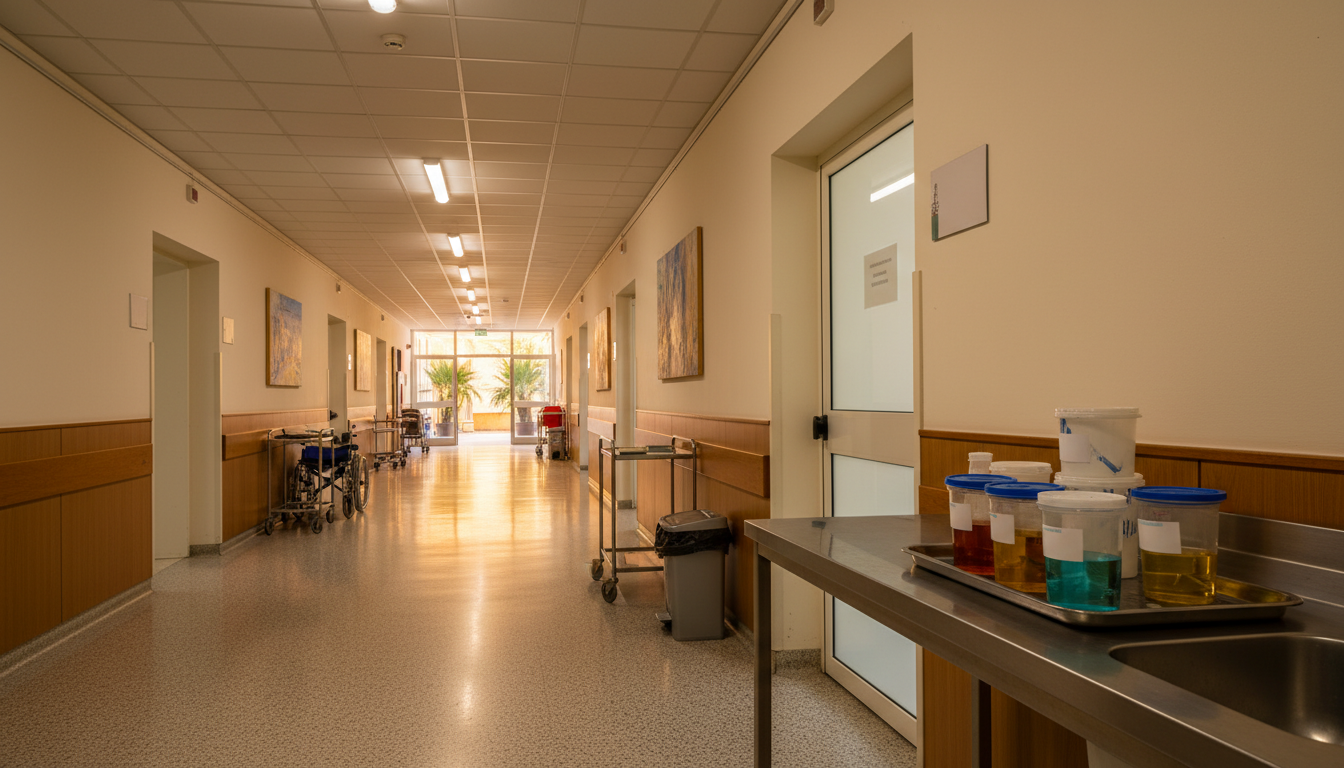 Couloir d'hôpital avec échantillons médicaux étiquetés