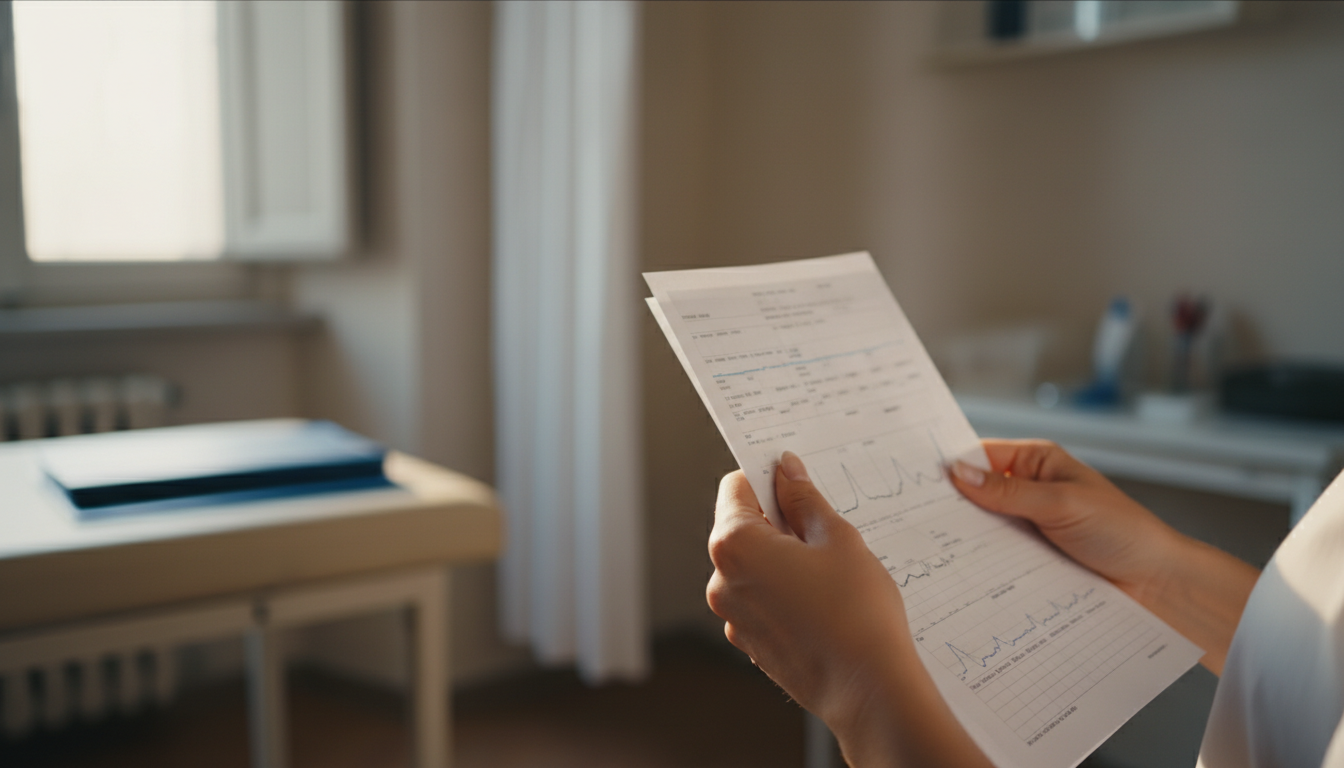 Femme tenant des résultats médicaux dans un cabinet