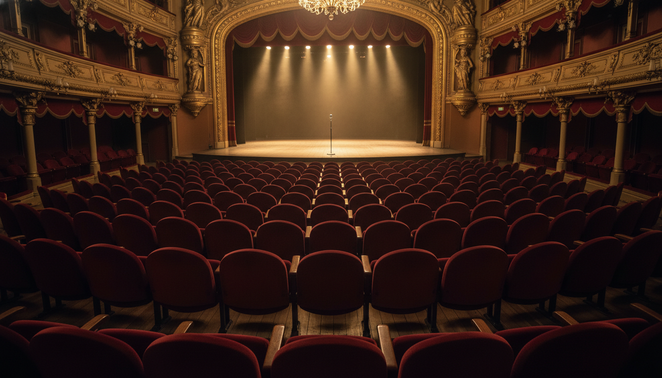 Salle de concert vide avec sièges en velours rouge et projecteurs dorés sur un micro solitaire