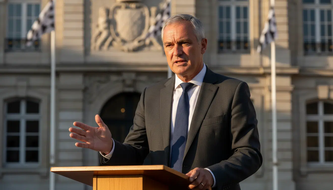 Élu au pupitre lors d'une conférence de presse en Bretagne