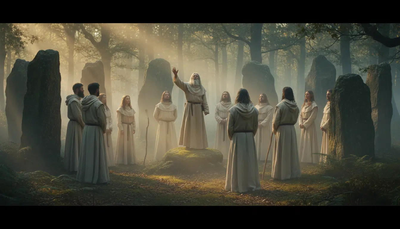 Druides bretons rassemblés dans une clairière avec menhirs