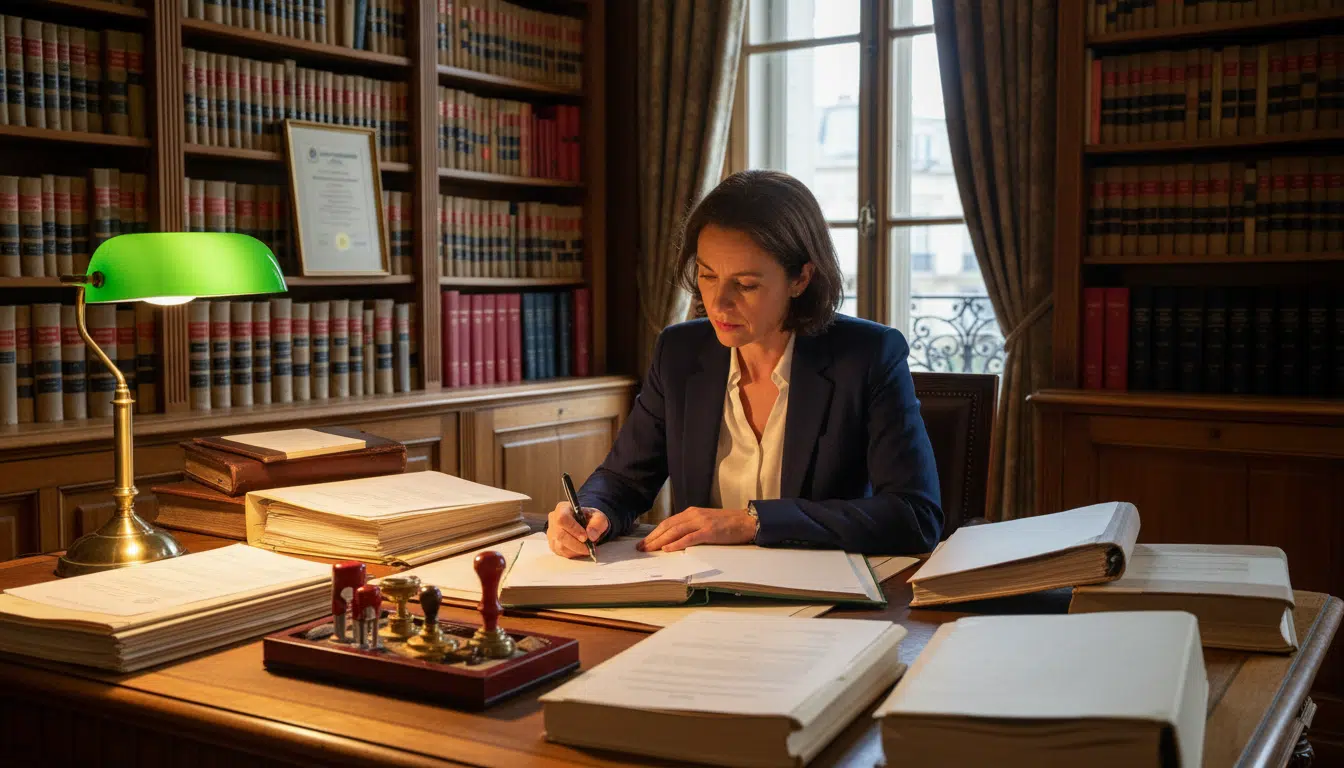 Notaire vérifiant des documents avant une signature immobilière