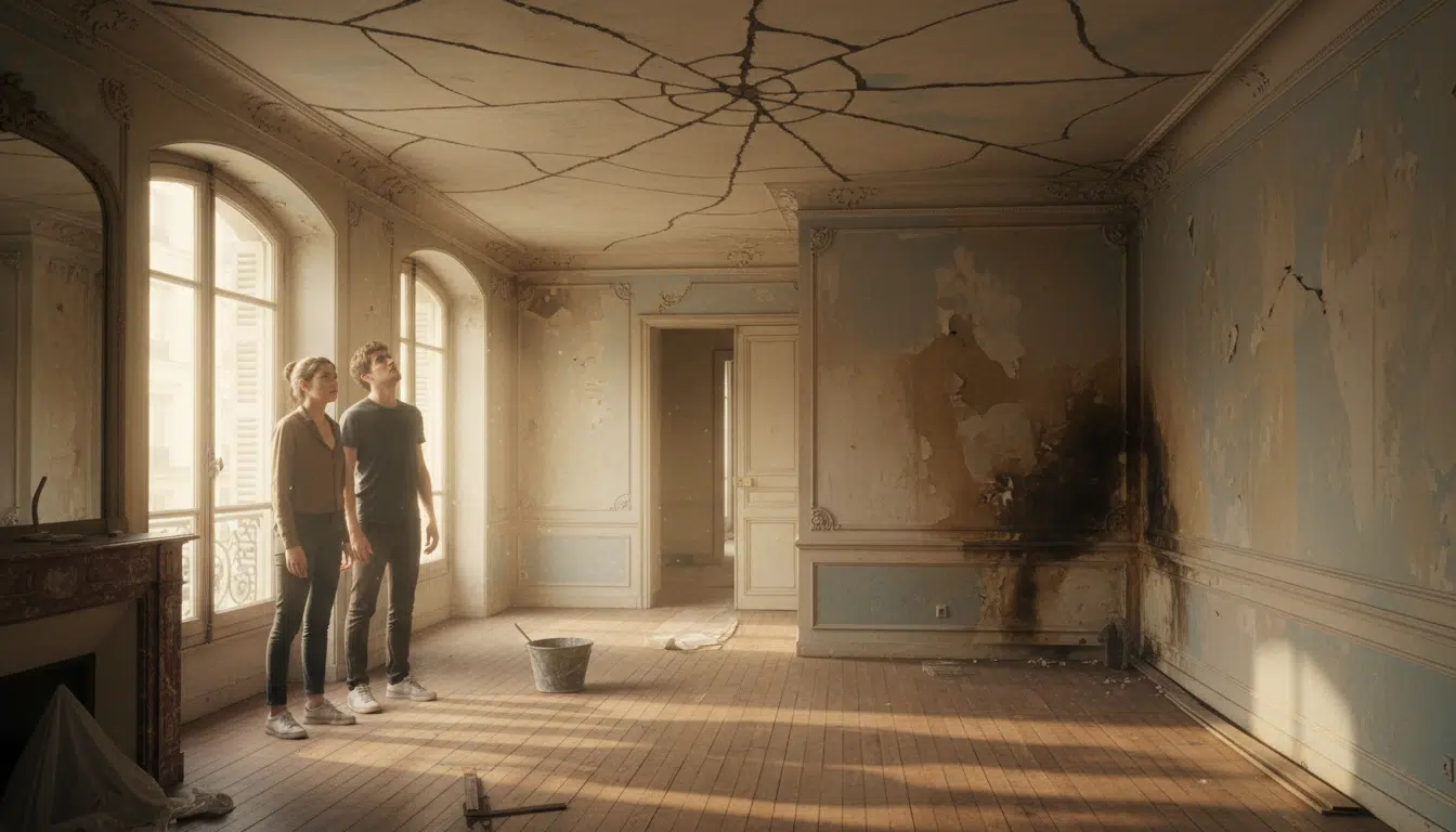 Couple inspectant un appartement avec des traces d'humidité