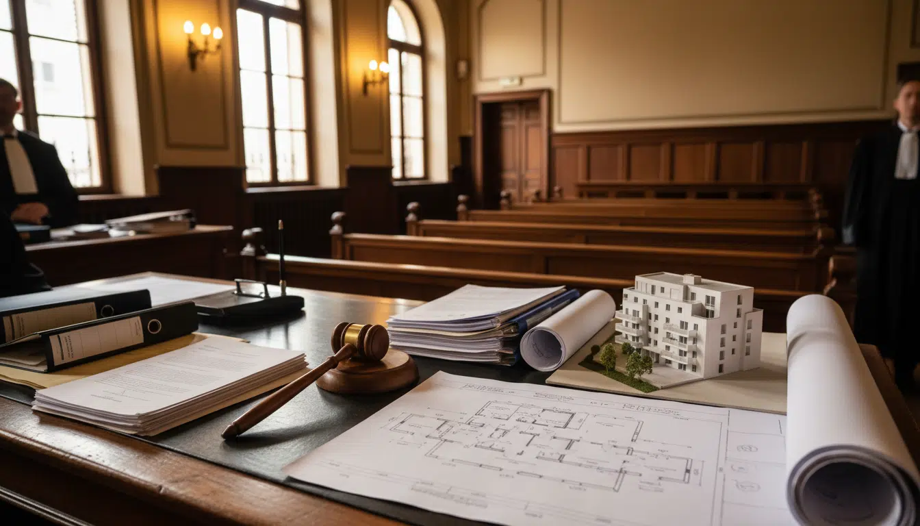 Documents juridiques et plans immobiliers dans un tribunal