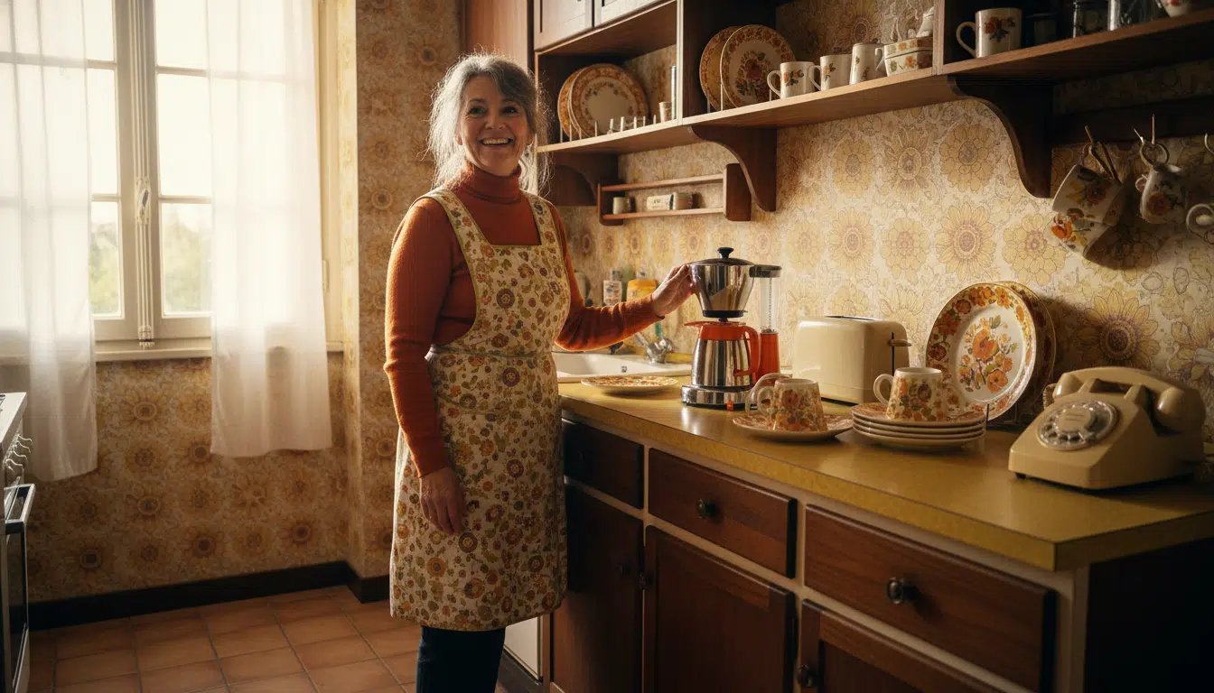 Cafetière Moulinex chromée dans une cuisine rétro années 70