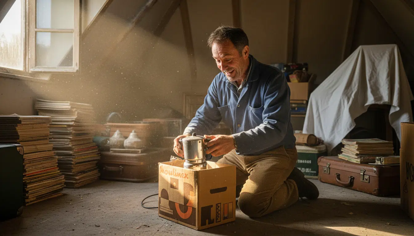Homme découvrant une cafetière Moulinex ancienne dans un grenier