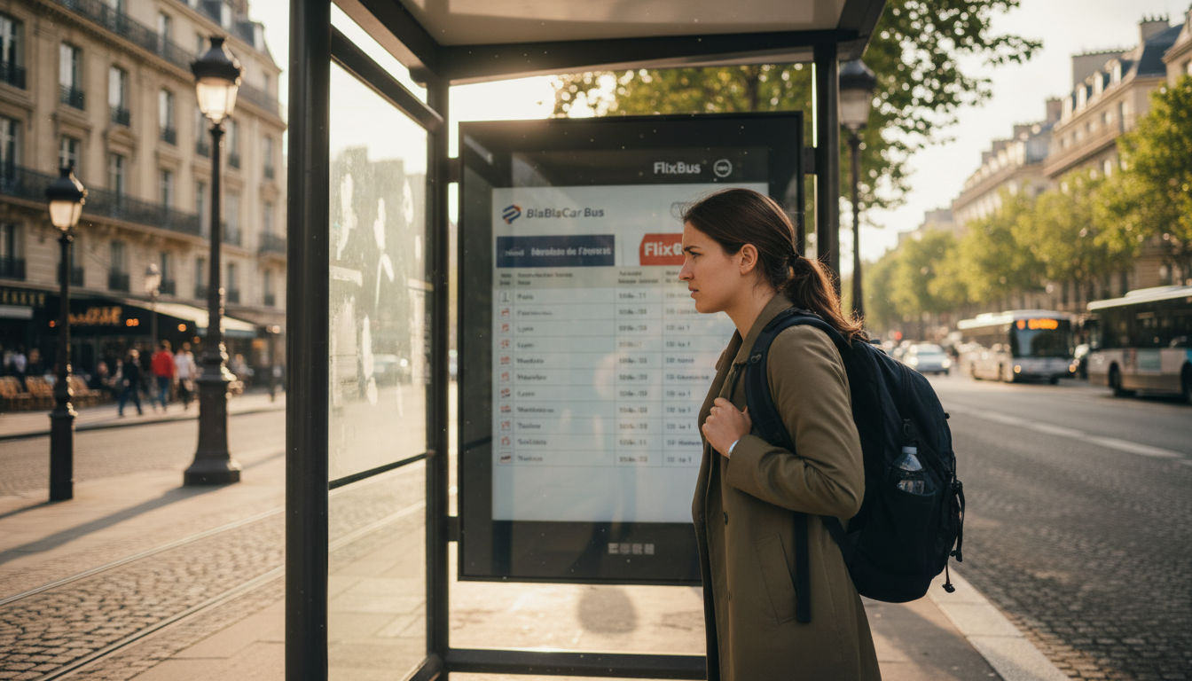 Voyageuse attendant un car BlaBlaCar Bus en gare routière