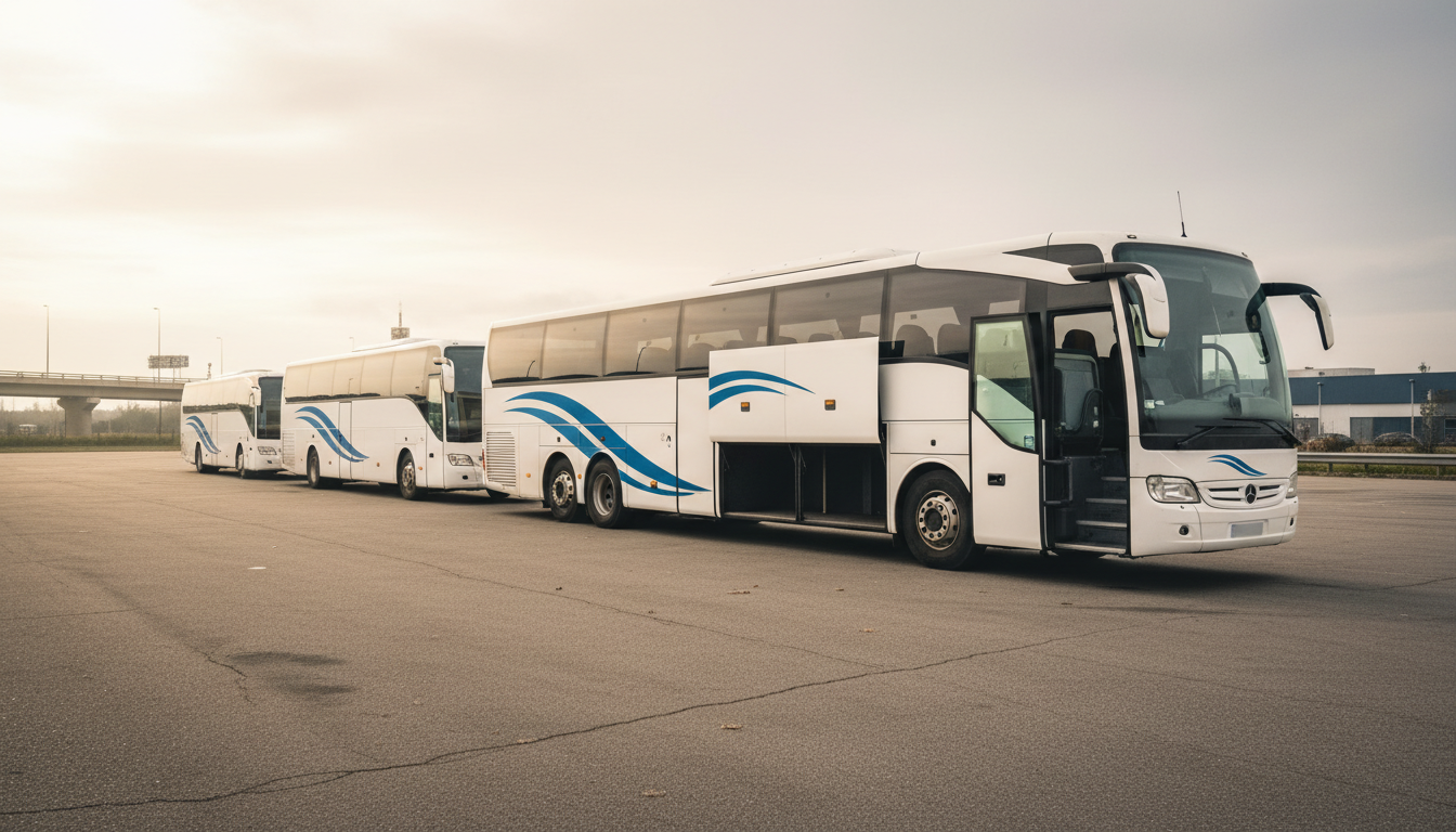 Autocars longue distance à l'arrêt dans un dépôt français