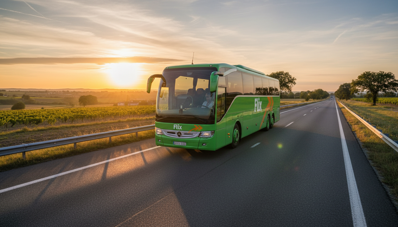Un Flixbus seul sur une autoroute française au coucher du soleil