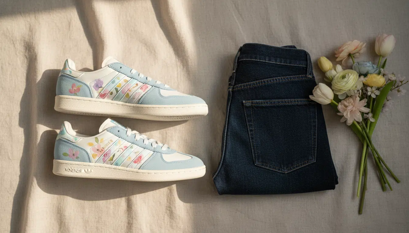 Adidas Tokyo MJ x Liberty posée à plat avec jean brut