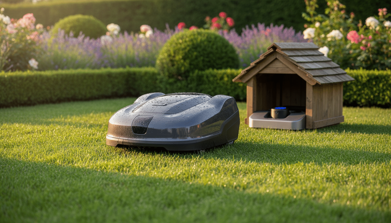 Tondeuse robot Parkside sous la pluie près de sa station de charge