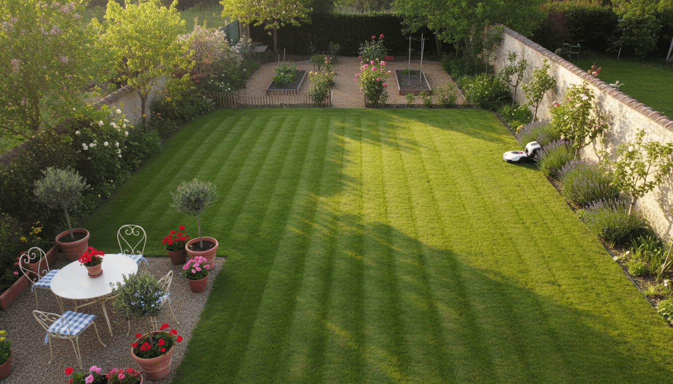 Vue aérienne d'un jardin tondu par un robot tondeuse