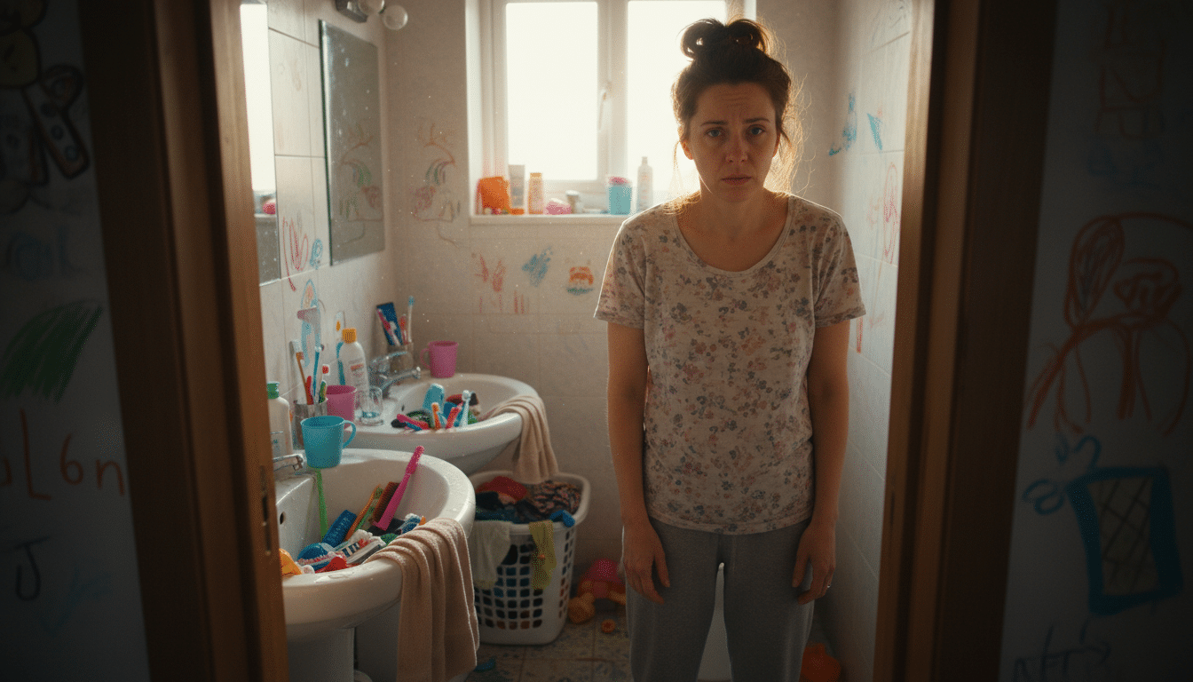 Maman fatiguée devant double vasque surchargée le matin
