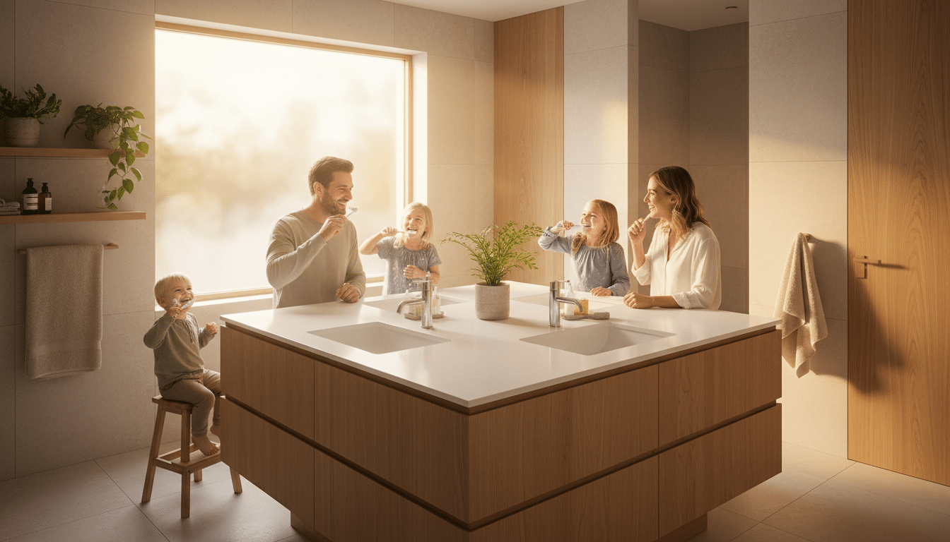 Famille utilisant îlot central salle de bain 4 vasques