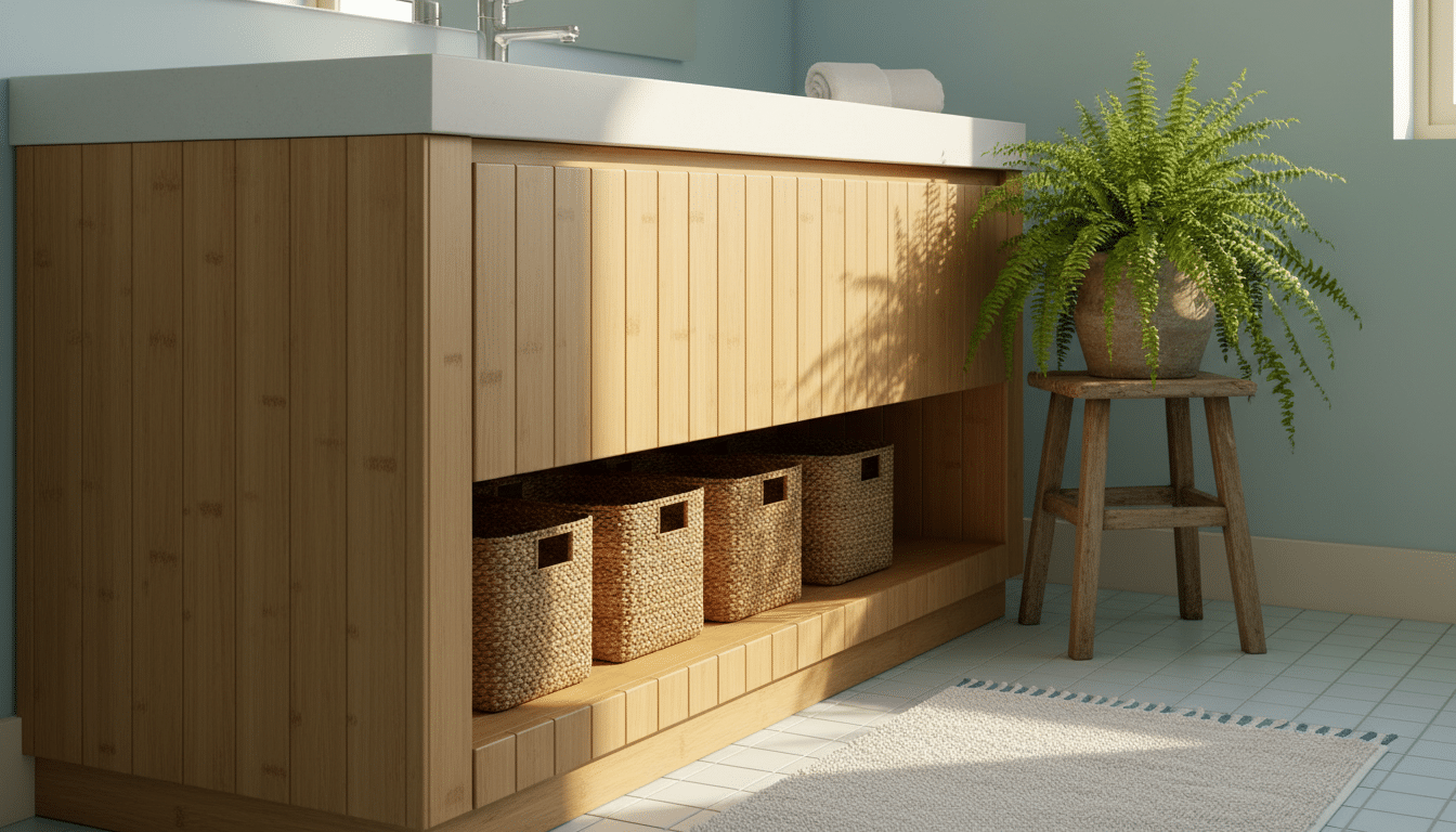 Détail îlot salle de bain bambou et rotin style méditerranéen