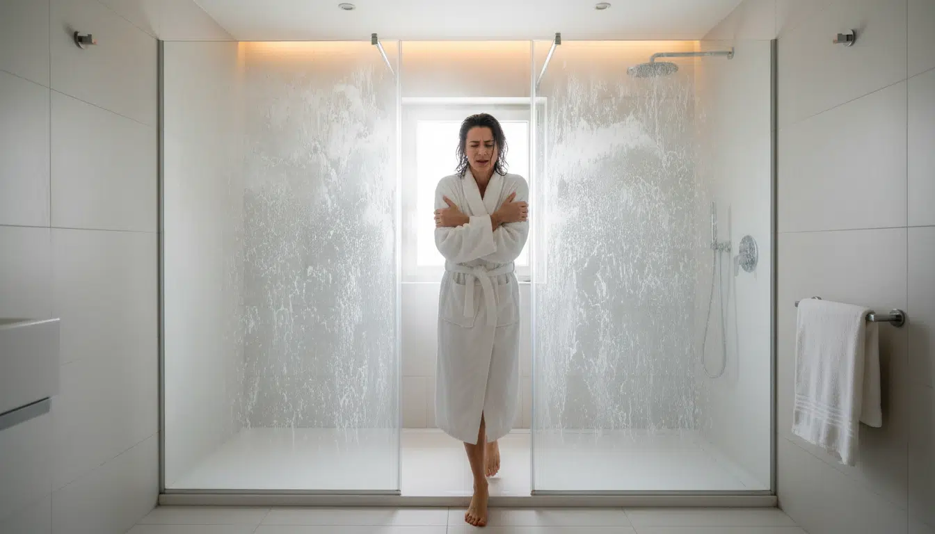 Douche à l'italienne avec traces de calcaire sur les parois vitrées