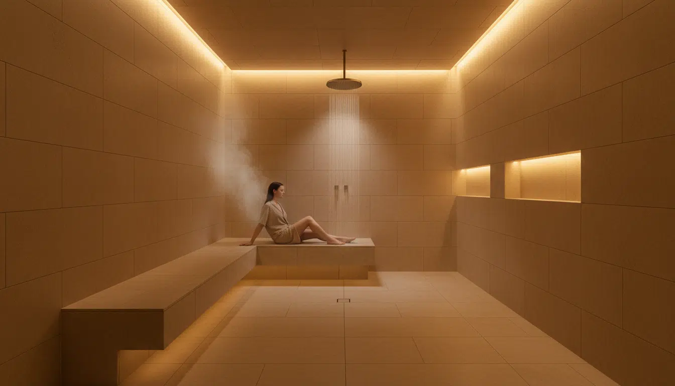 Wet room avec banquette maçonnée en pierre et ambiance spa