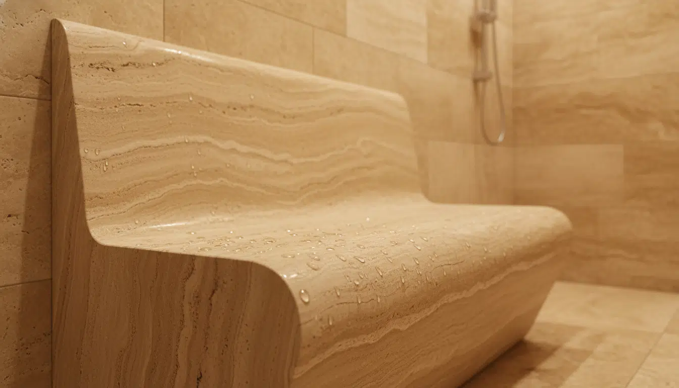 Banquette en travertin dans un wet room aux tons naturels
