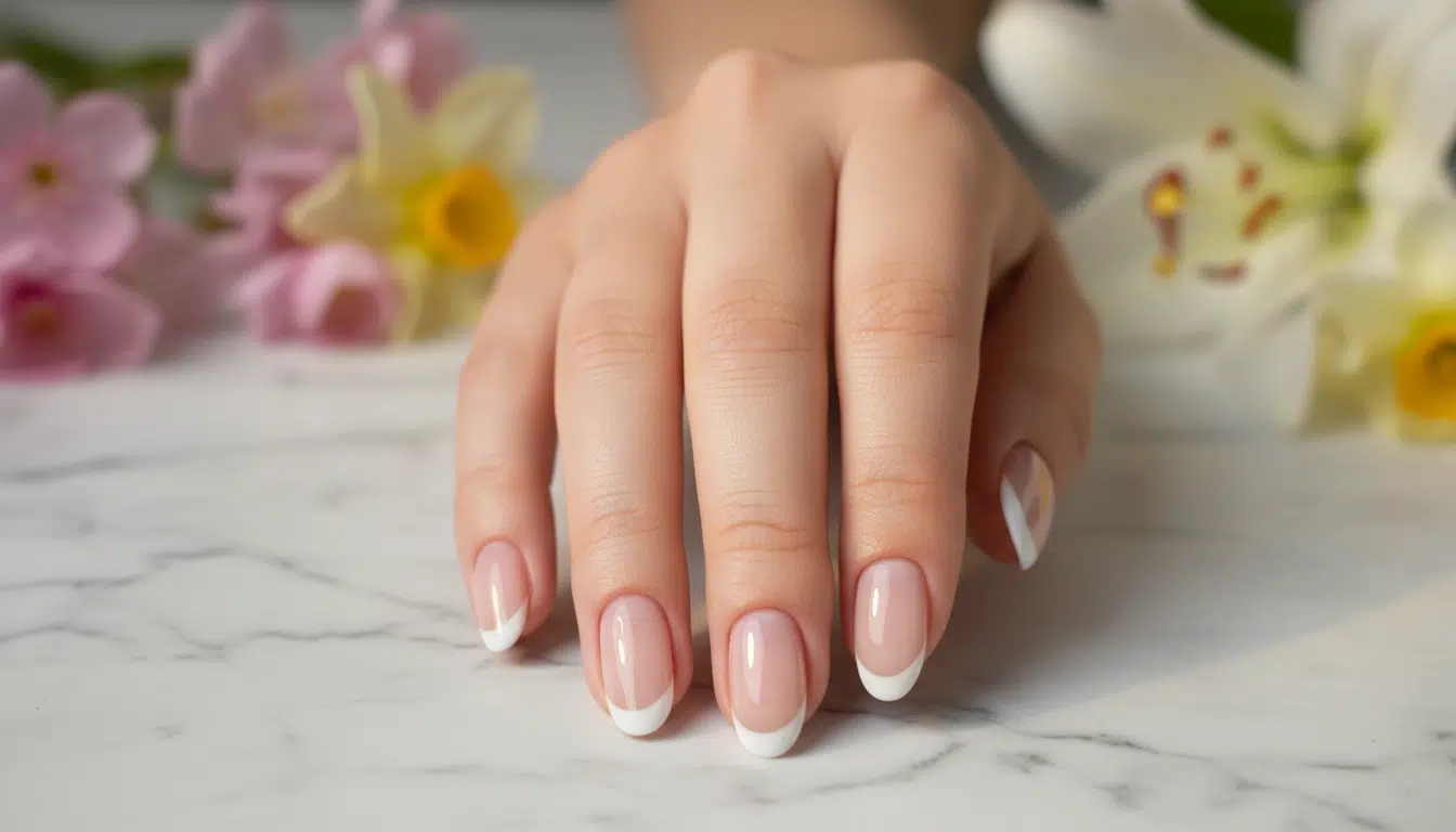 Main avec Invisible French manucure translucide et brillante