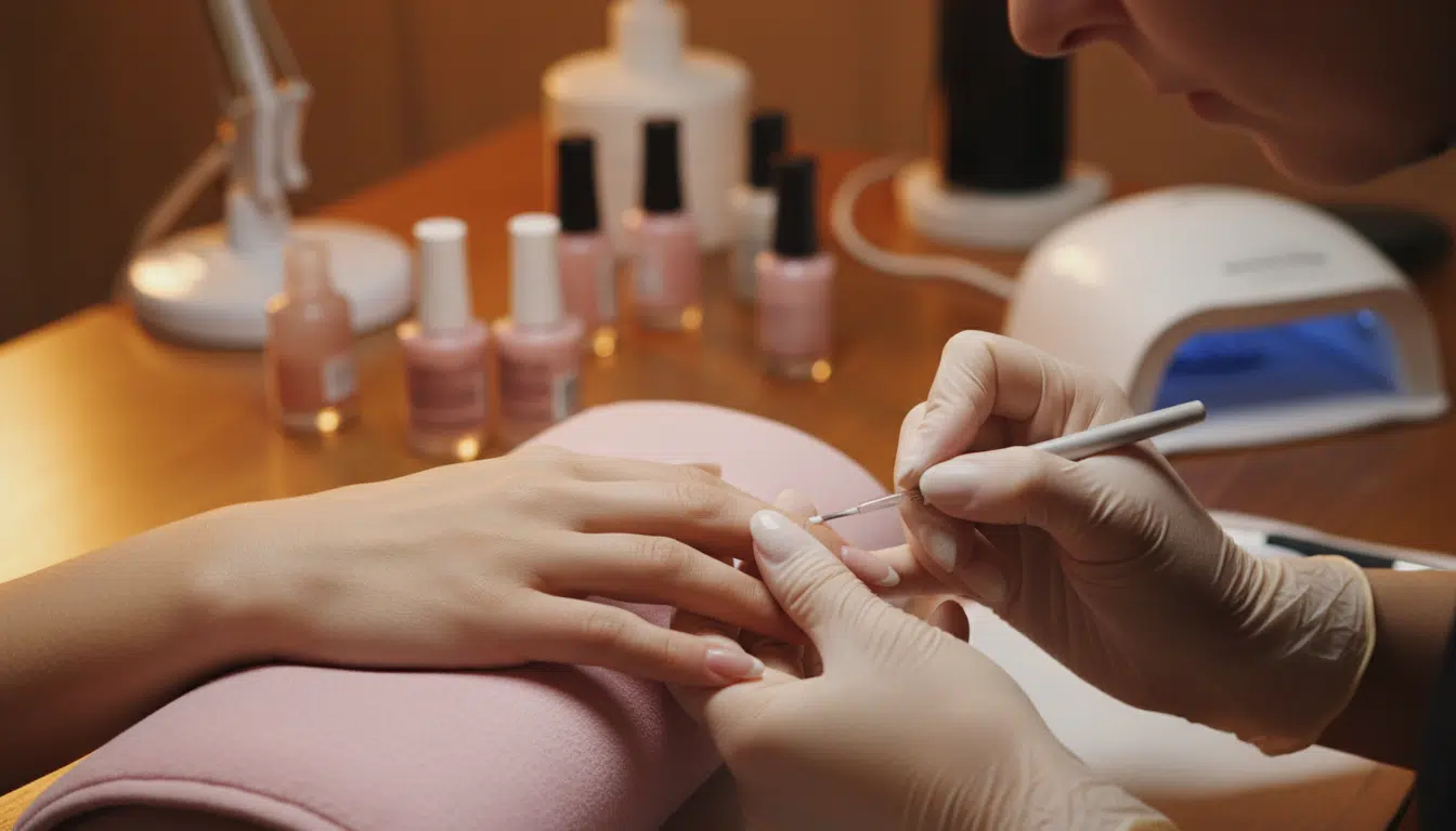 Application du vernis blanc laiteux sur le bord de l'ongle