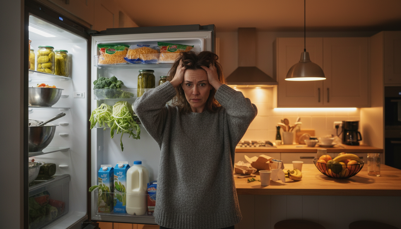 Personne perplexe devant un frigo rempli de doublons alimentaires