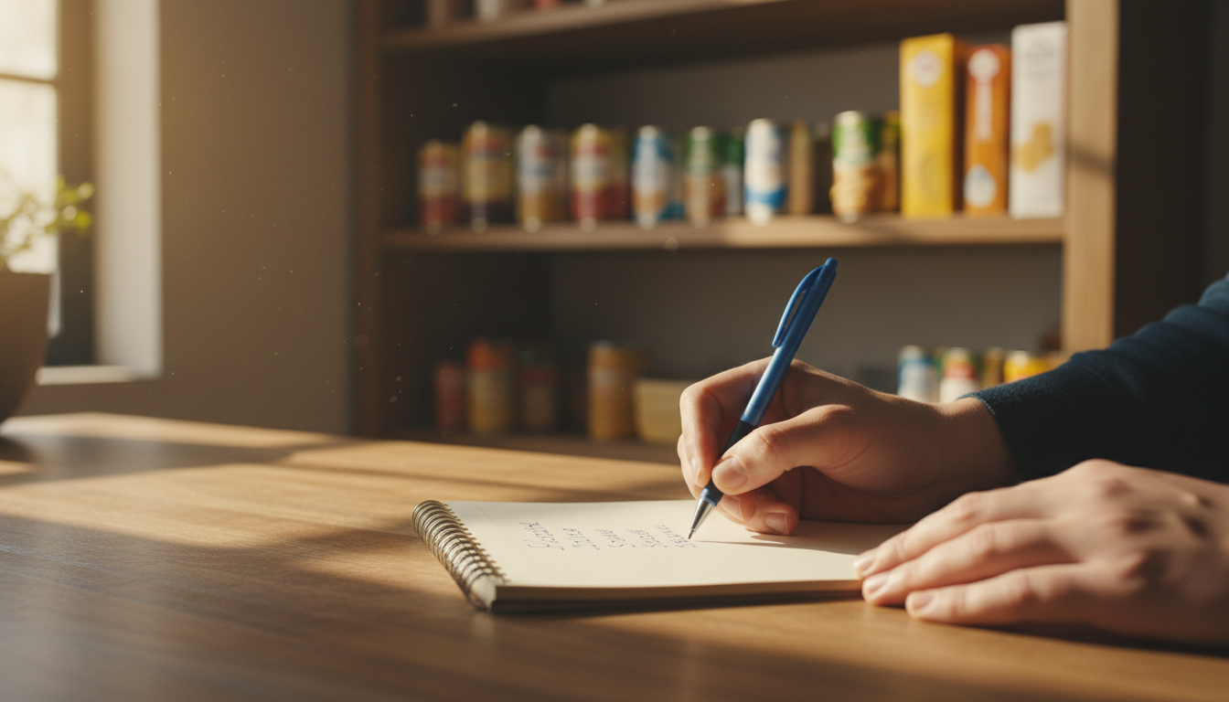 Inventaire des placards de cuisine sur un carnet avant les courses