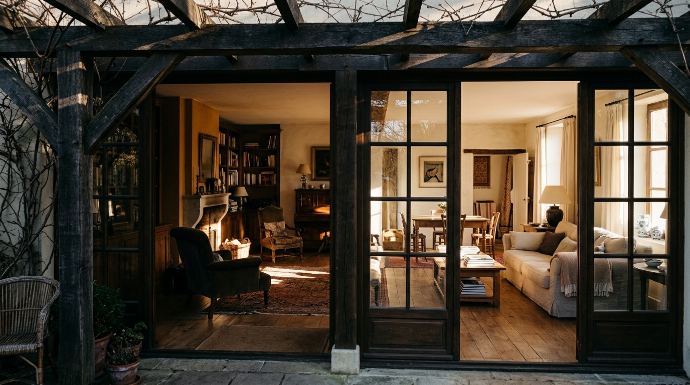 Salon assombri par une pergola visible à travers les baies vitrées