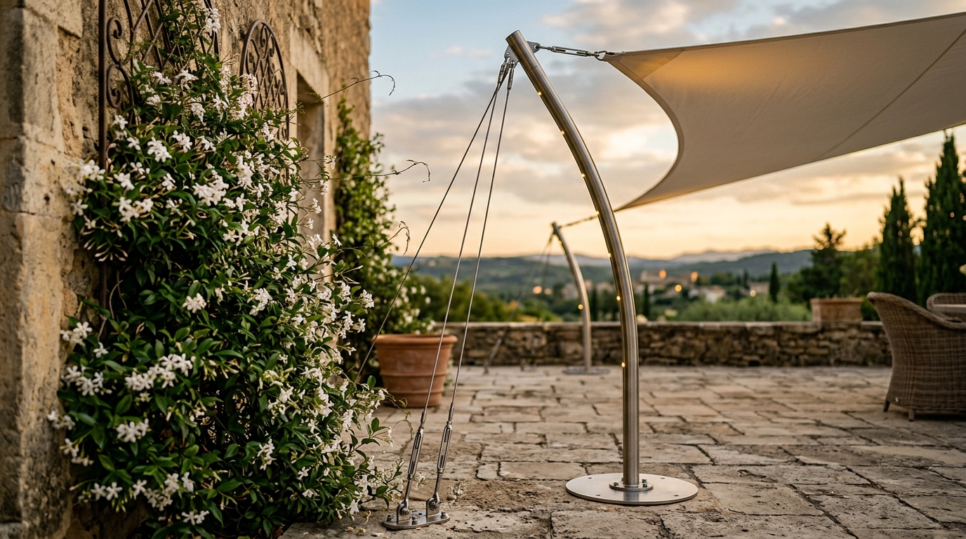 Mât déporté en inox avec câble de voile d'ombrage sur terrasse